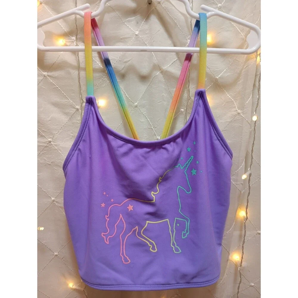 CAT & JACK GIRLS XL (14) PURPLE UNICORN SWIMSUIT TANKINI RAINBOW GRAPHIC FANTASY